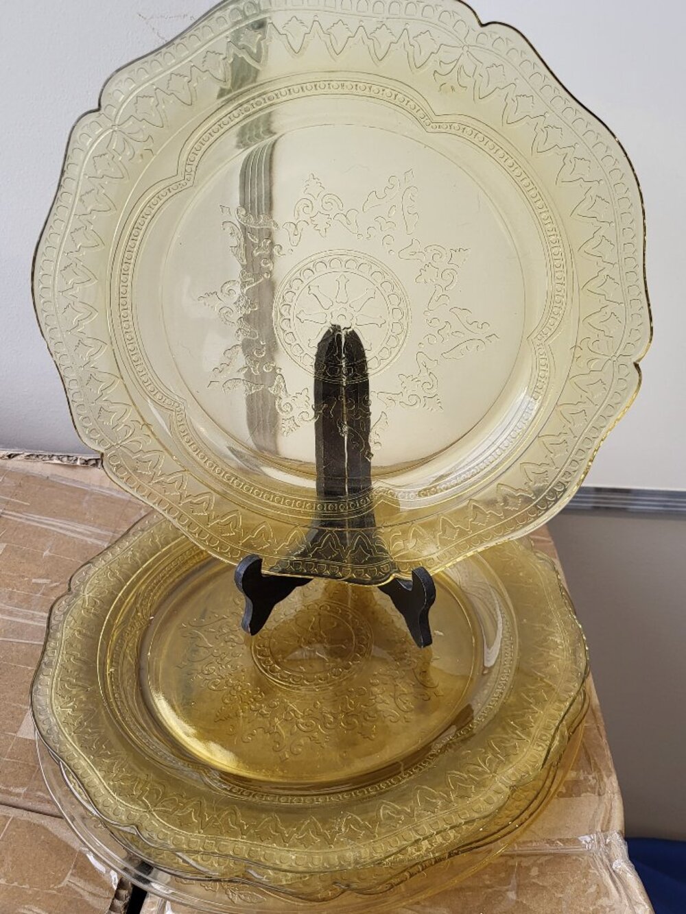 3 VTG Federal Glass Patrician Spoke Amber Yellow Depression Dinner Plates 11"